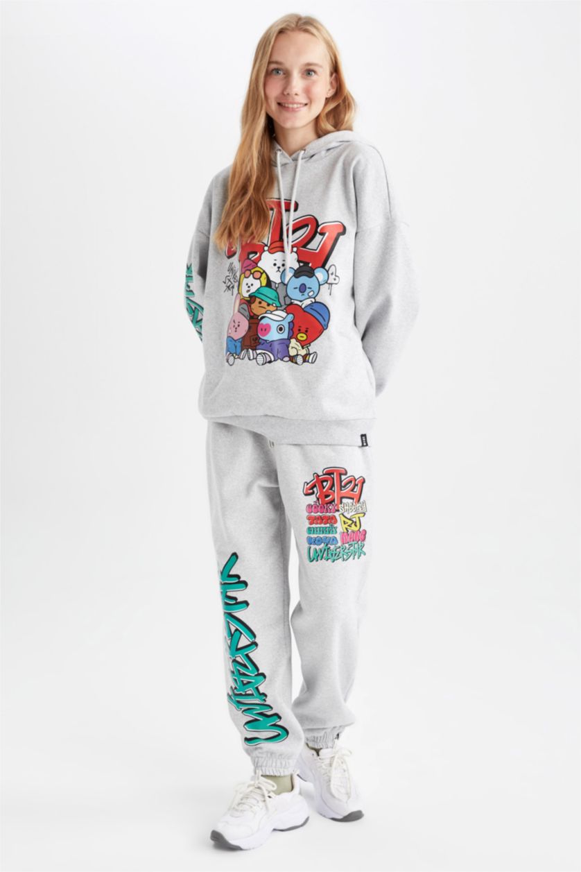 WOMAN Grey Melange Loose Fit BT21 Licensed Printed Thick Sweatshirt Fabric Trousers
