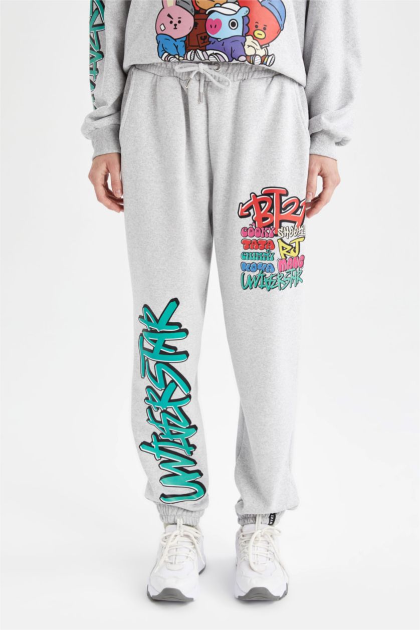 WOMAN Grey Melange Loose Fit BT21 Licensed Printed Thick Sweatshirt Fabric Trousers