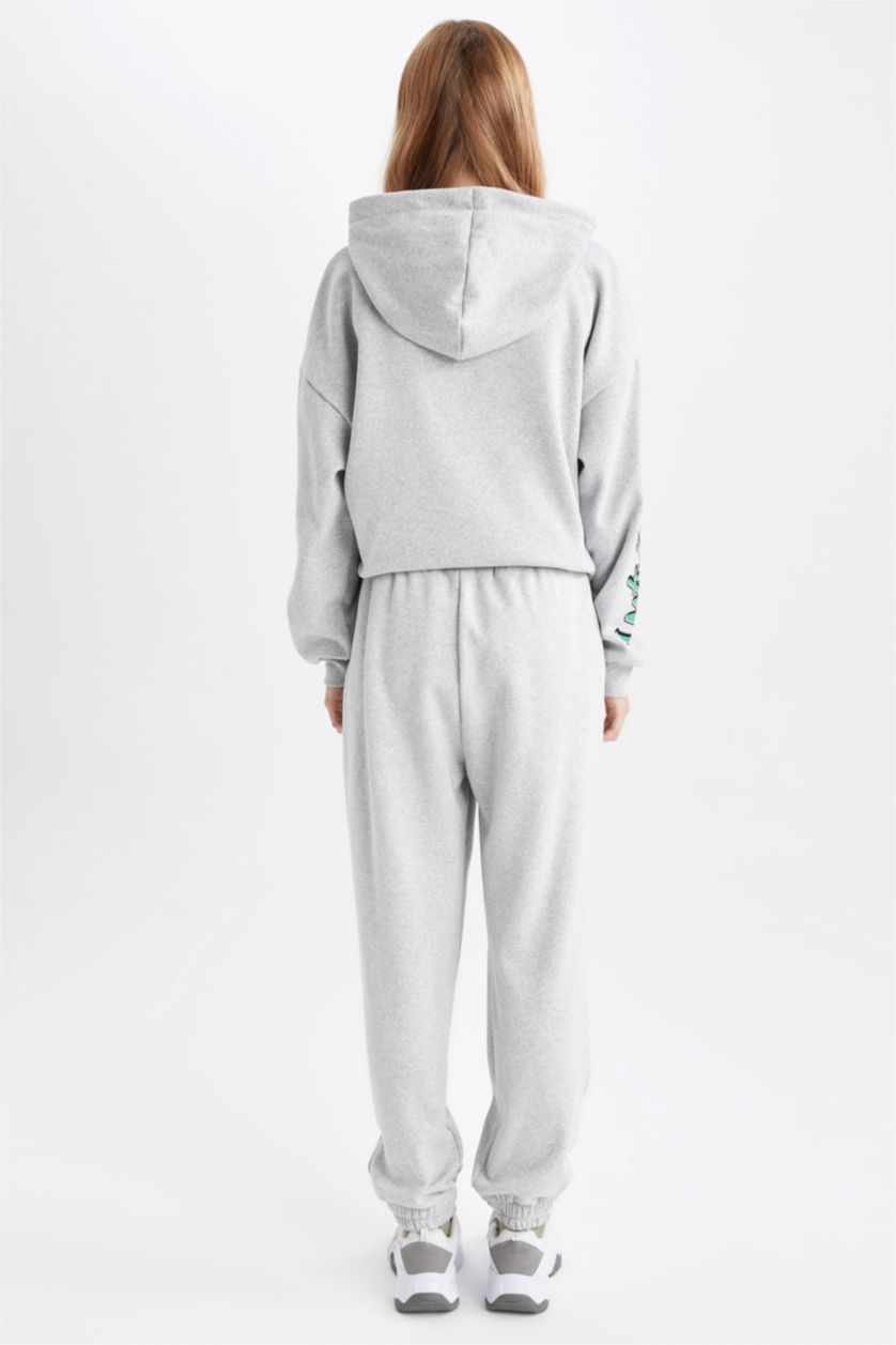 WOMAN Grey Melange Loose Fit BT21 Licensed Printed Thick Sweatshirt Fabric Trousers