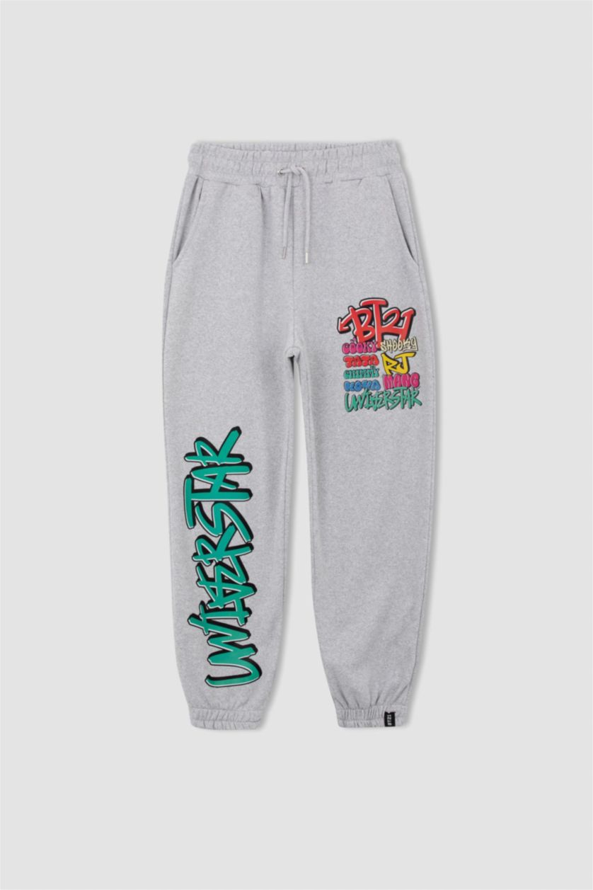 WOMAN Grey Melange Loose Fit BT21 Licensed Printed Thick Sweatshirt Fabric Trousers