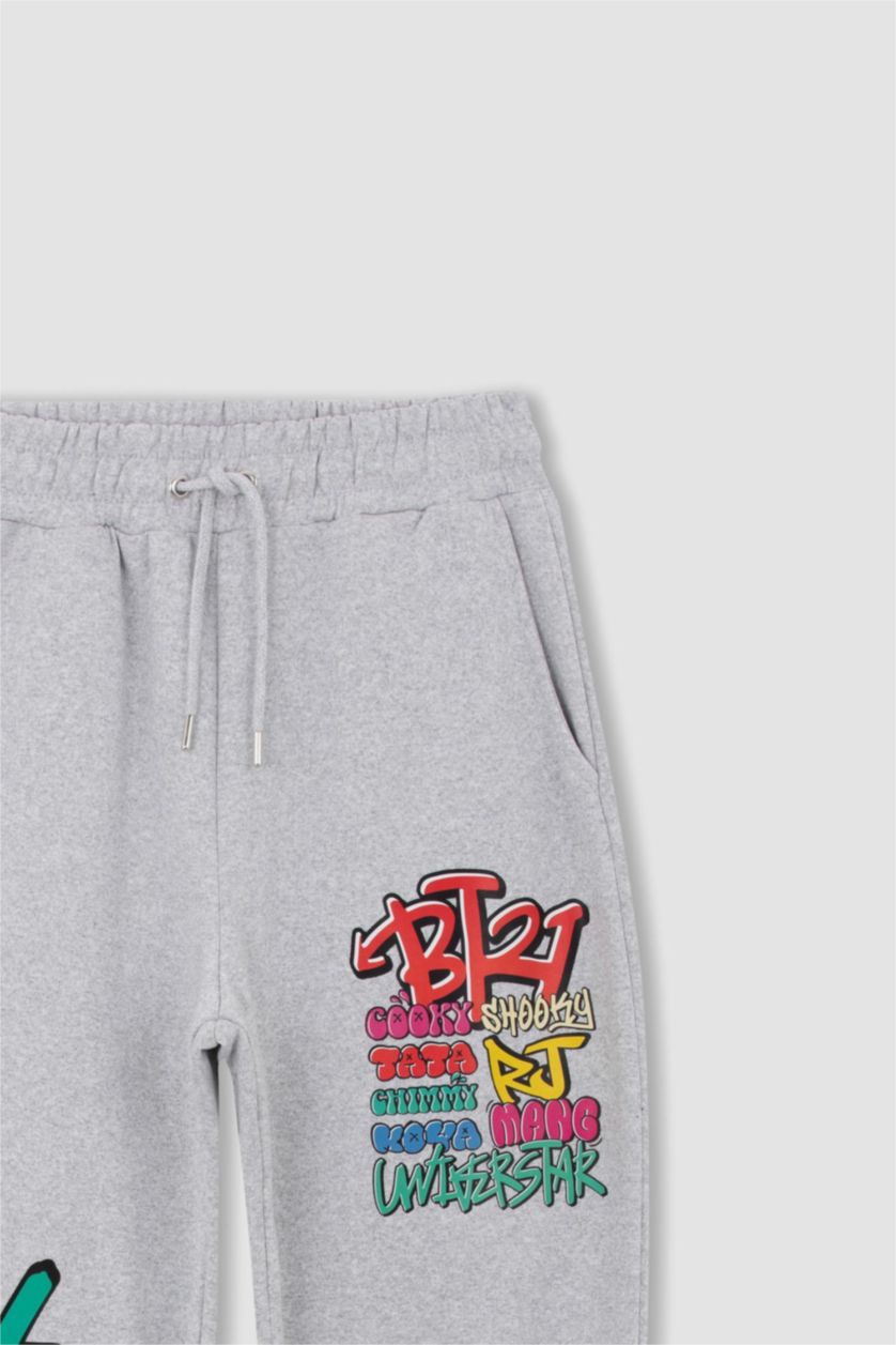 WOMAN Grey Melange Loose Fit BT21 Licensed Printed Thick Sweatshirt Fabric Trousers