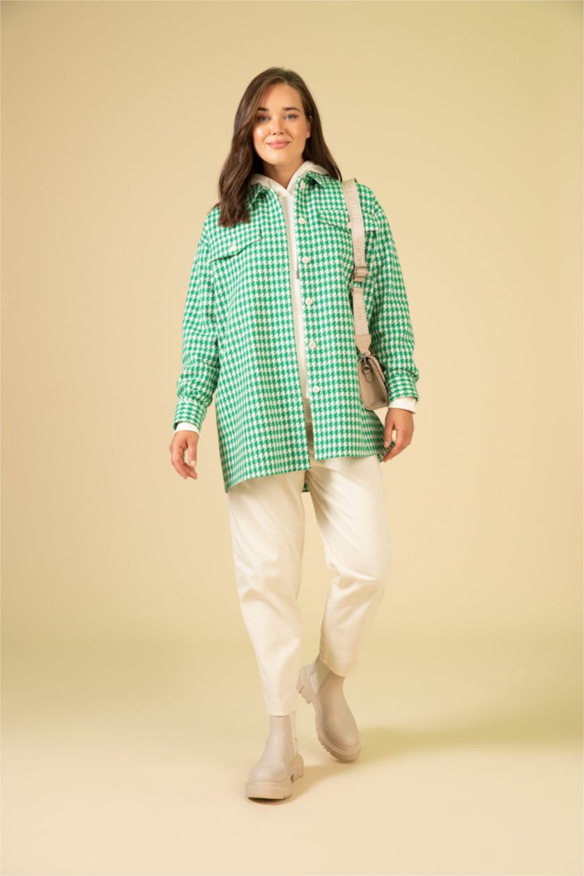 WOMAN Green Regular Fit Shirt Collar Plaid Long Sleeve Tunic