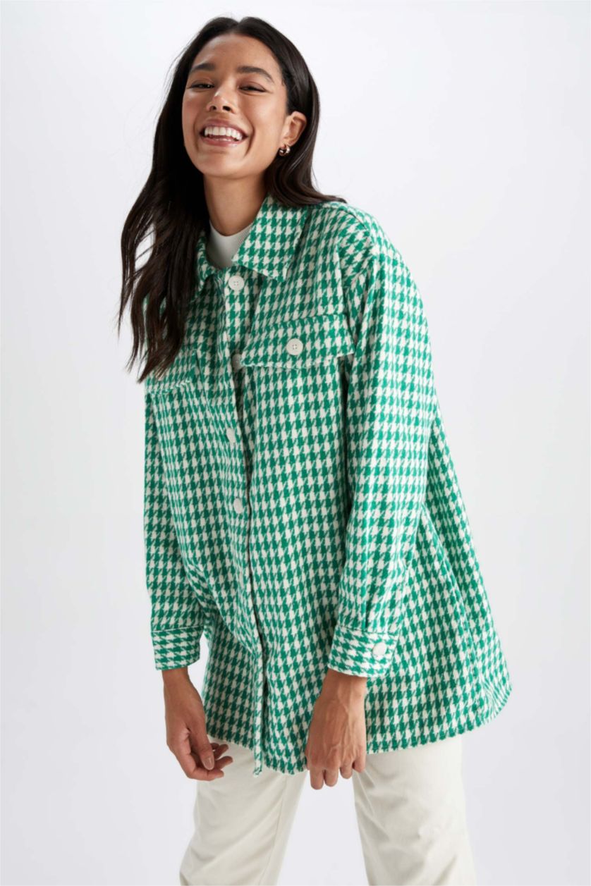 WOMAN Green Regular Fit Shirt Collar Plaid Long Sleeve Tunic