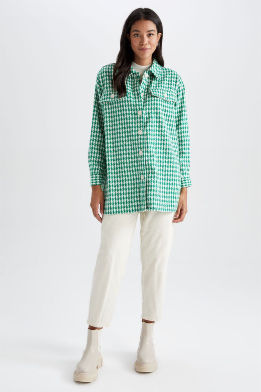 WOMAN Green Regular Fit Shirt Collar Plaid Long Sleeve Tunic