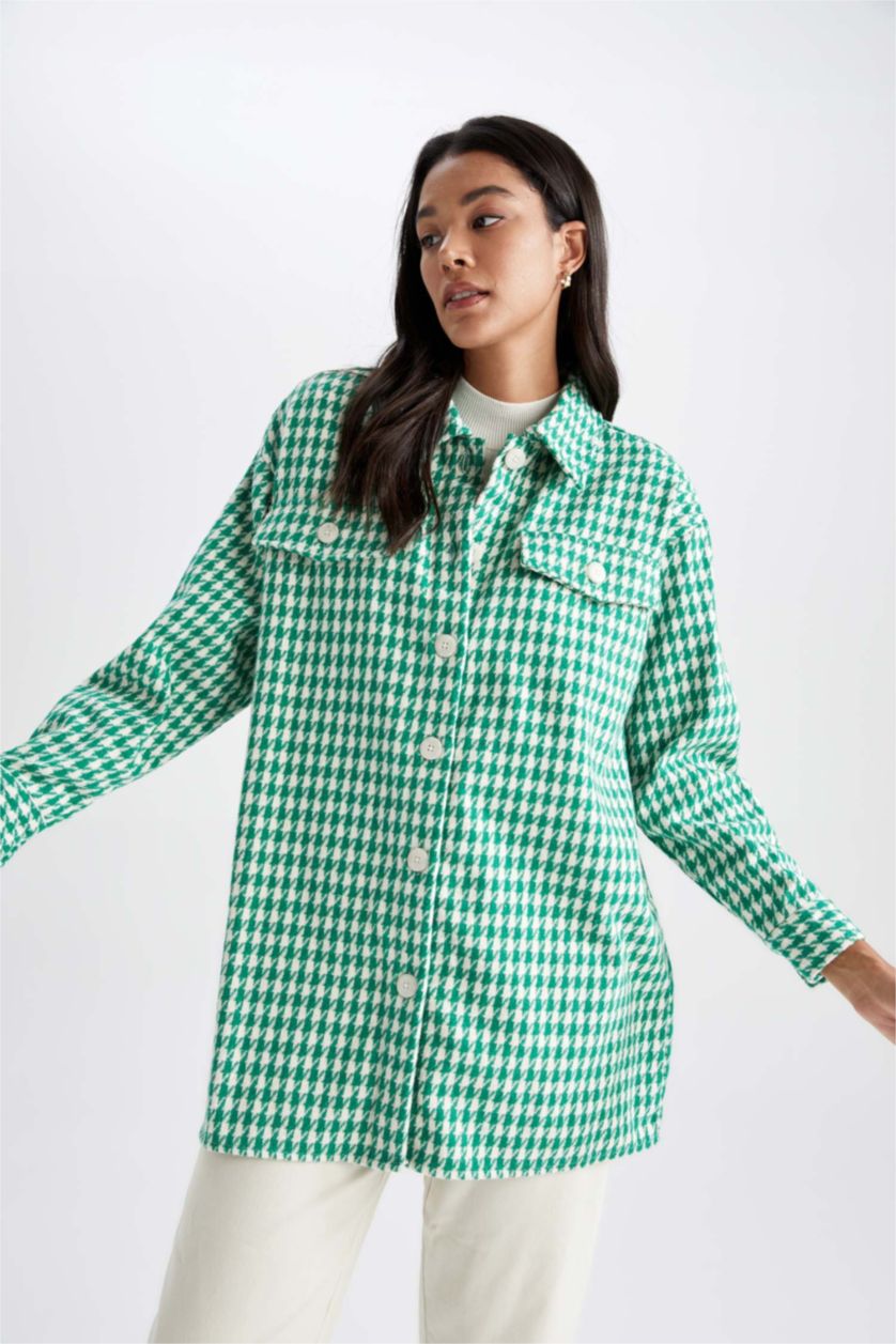 WOMAN Green Regular Fit Shirt Collar Plaid Long Sleeve Tunic