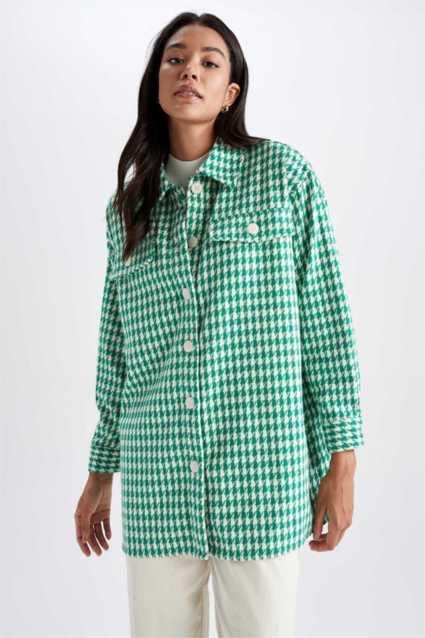 WOMAN Green Regular Fit Shirt Collar Plaid Long Sleeve Tunic