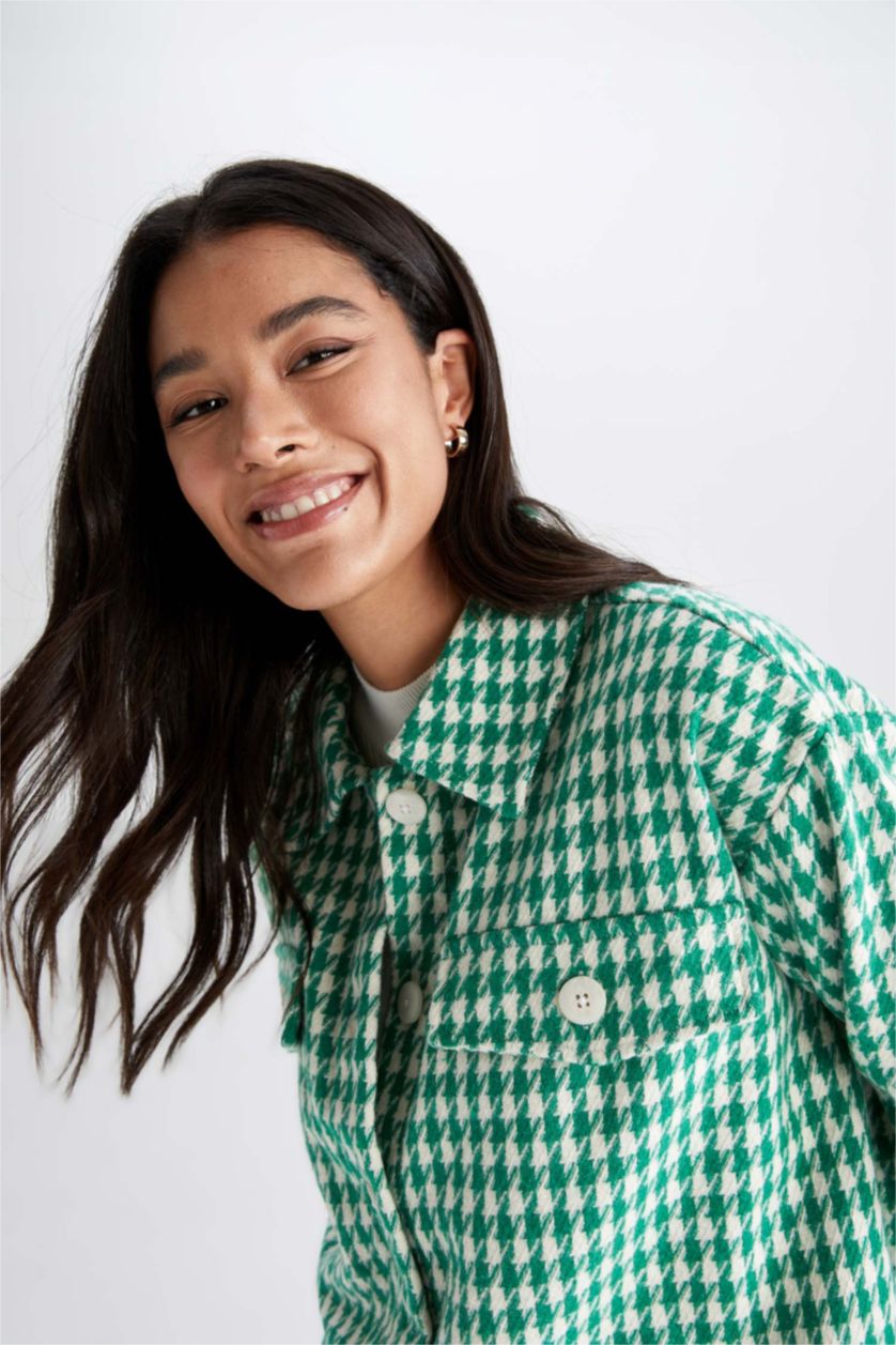 WOMAN Green Regular Fit Shirt Collar Plaid Long Sleeve Tunic