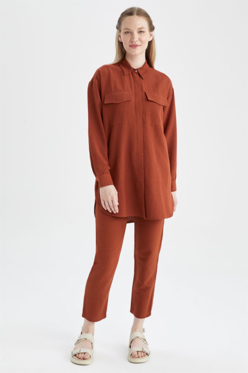 FEMME Beige Tunique À Manches Longues Lin Mélangé Coupe décontractée Col De Chemise