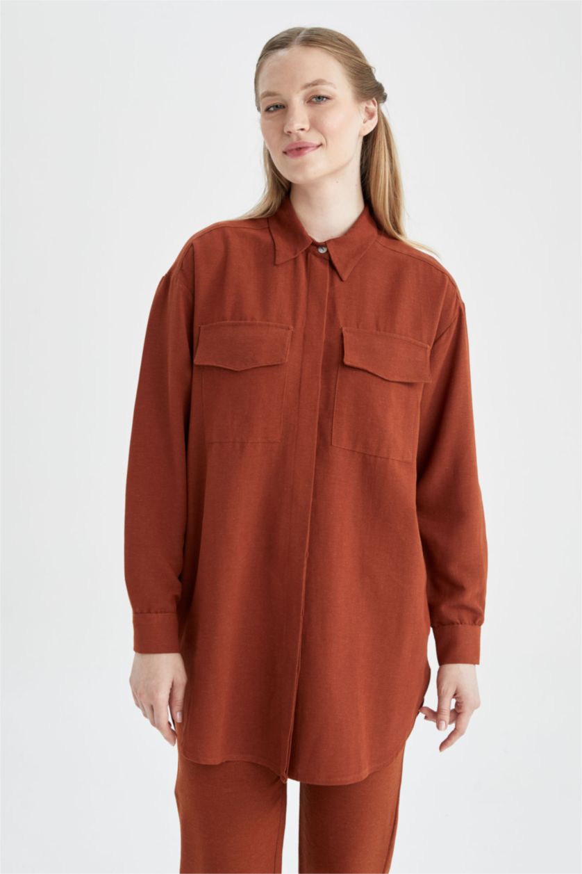 FEMME Beige Tunique À Manches Longues Lin Mélangé Coupe décontractée Col De Chemise