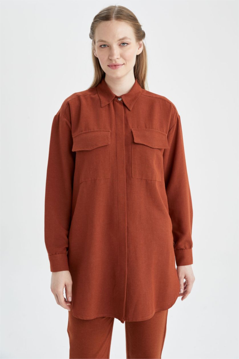 FEMME Beige Tunique À Manches Longues Lin Mélangé Coupe décontractée Col De Chemise