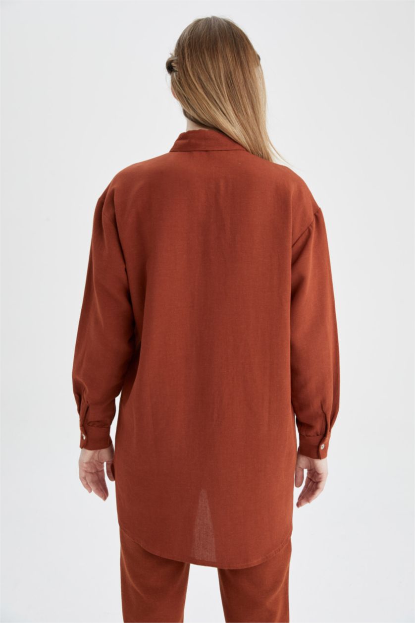 FEMME Beige Tunique À Manches Longues Lin Mélangé Coupe décontractée Col De Chemise