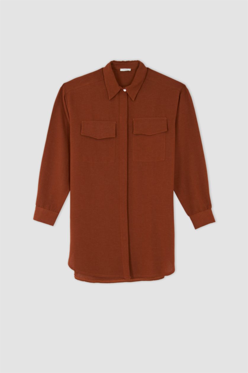 FEMME Beige Tunique À Manches Longues Lin Mélangé Coupe décontractée Col De Chemise