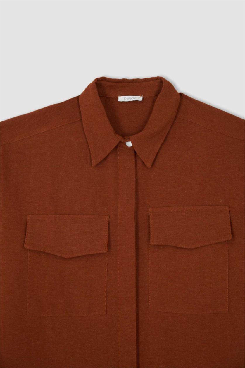 FEMME Beige Tunique À Manches Longues Lin Mélangé Coupe décontractée Col De Chemise