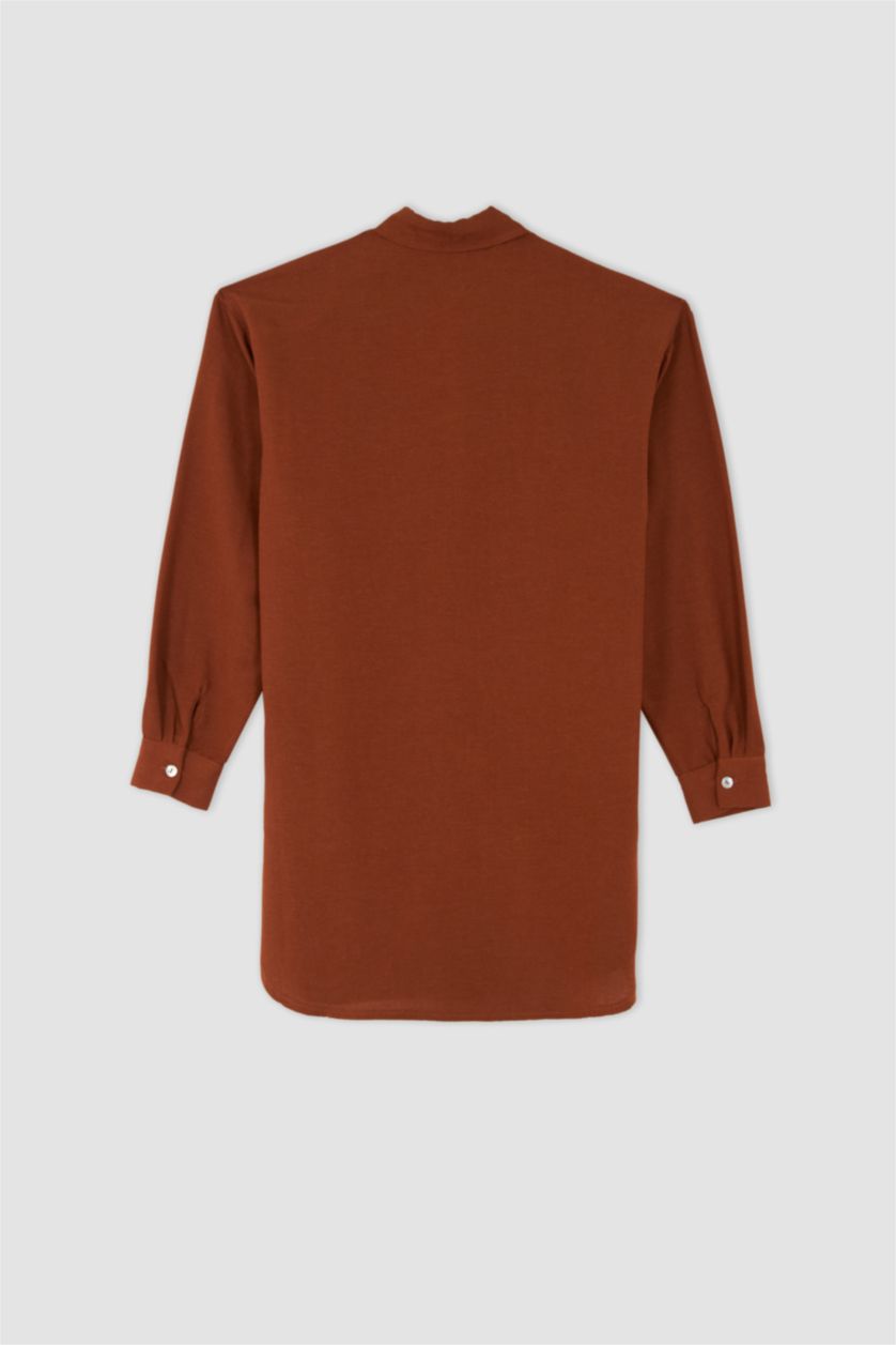 FEMME Beige Tunique À Manches Longues Lin Mélangé Coupe décontractée Col De Chemise