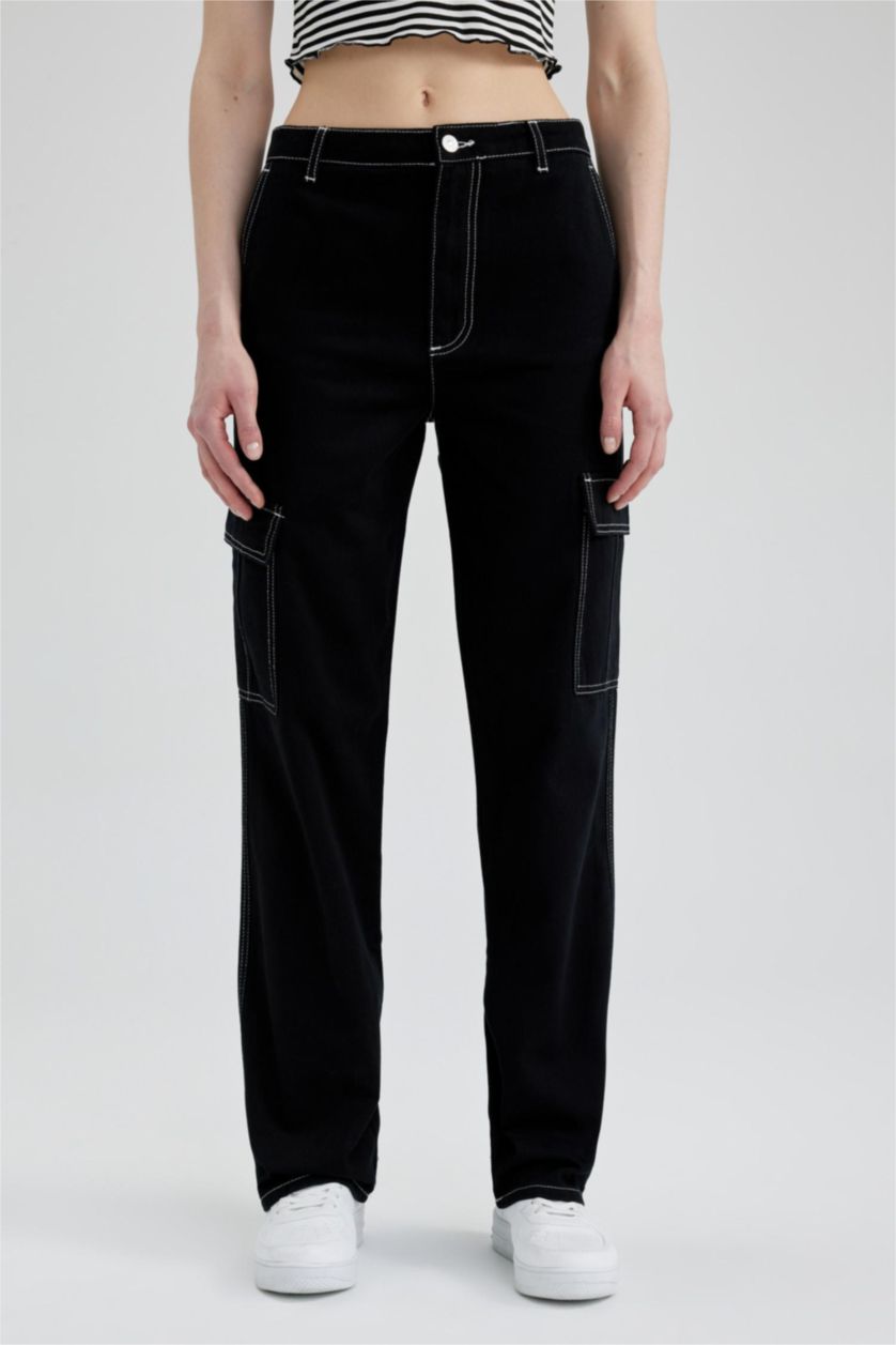 WOMAN Black Coool Straight Fit Gabardine Cargo Pants