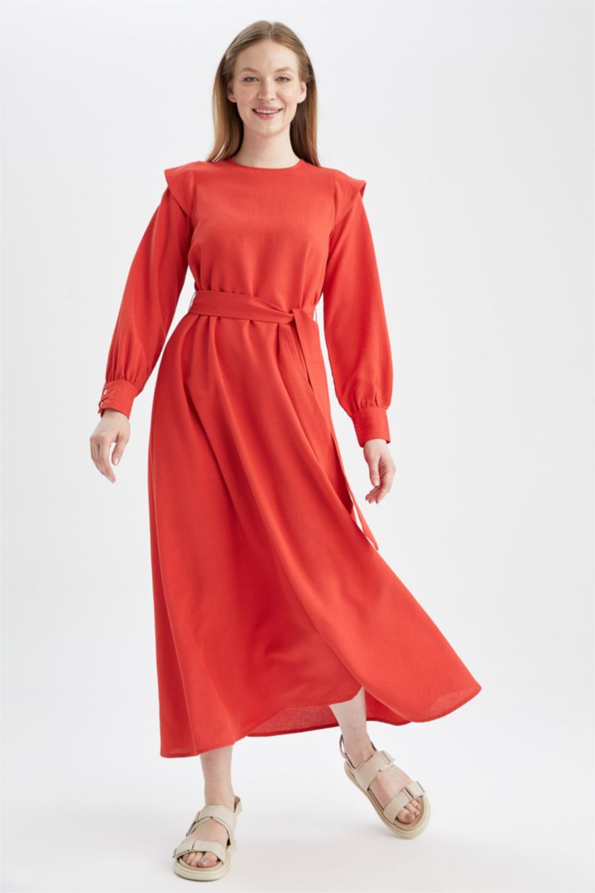 FEMME Rouge Robe ceinturée à manches longues et col rond coupe classique