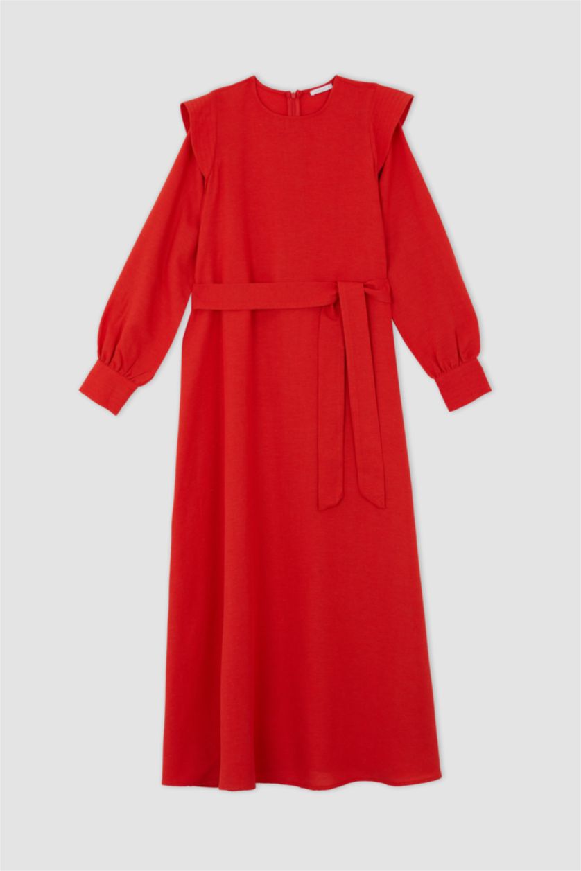FEMME Rouge Robe ceinturée à manches longues et col rond coupe classique