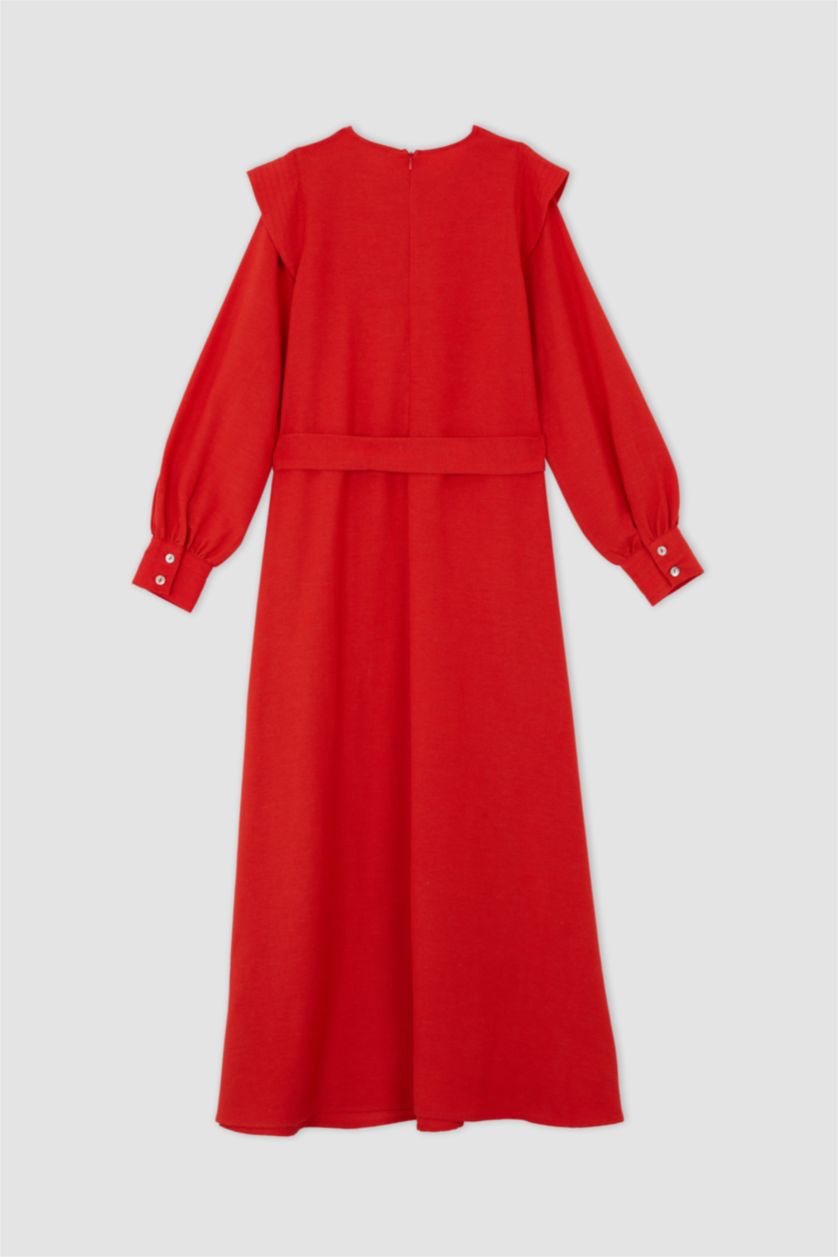 FEMME Rouge Robe ceinturée à manches longues et col rond coupe classique