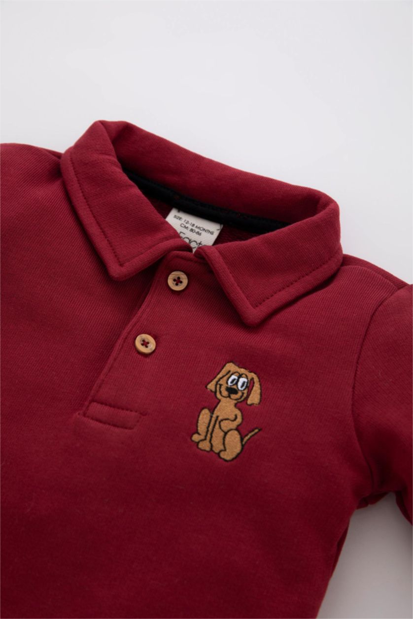 Erkek Bebek Bordo Erkek Bebek Desenli Polo Yaka Uzun Kollu Tişört