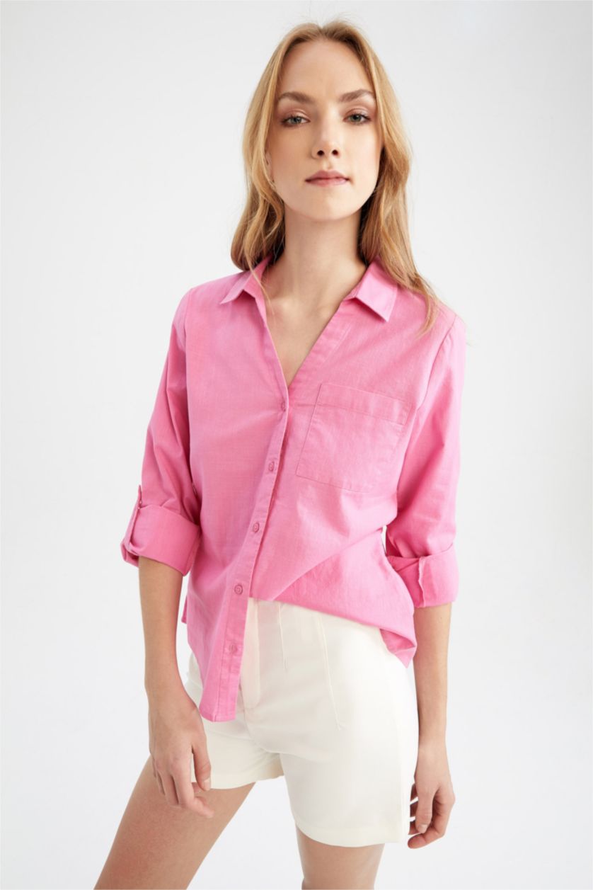 WOMAN Pink Women Regular Fit V Neck Linen Long Sleeve Shirt