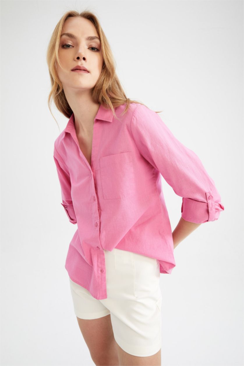 WOMAN Pink Women Regular Fit V Neck Linen Long Sleeve Shirt