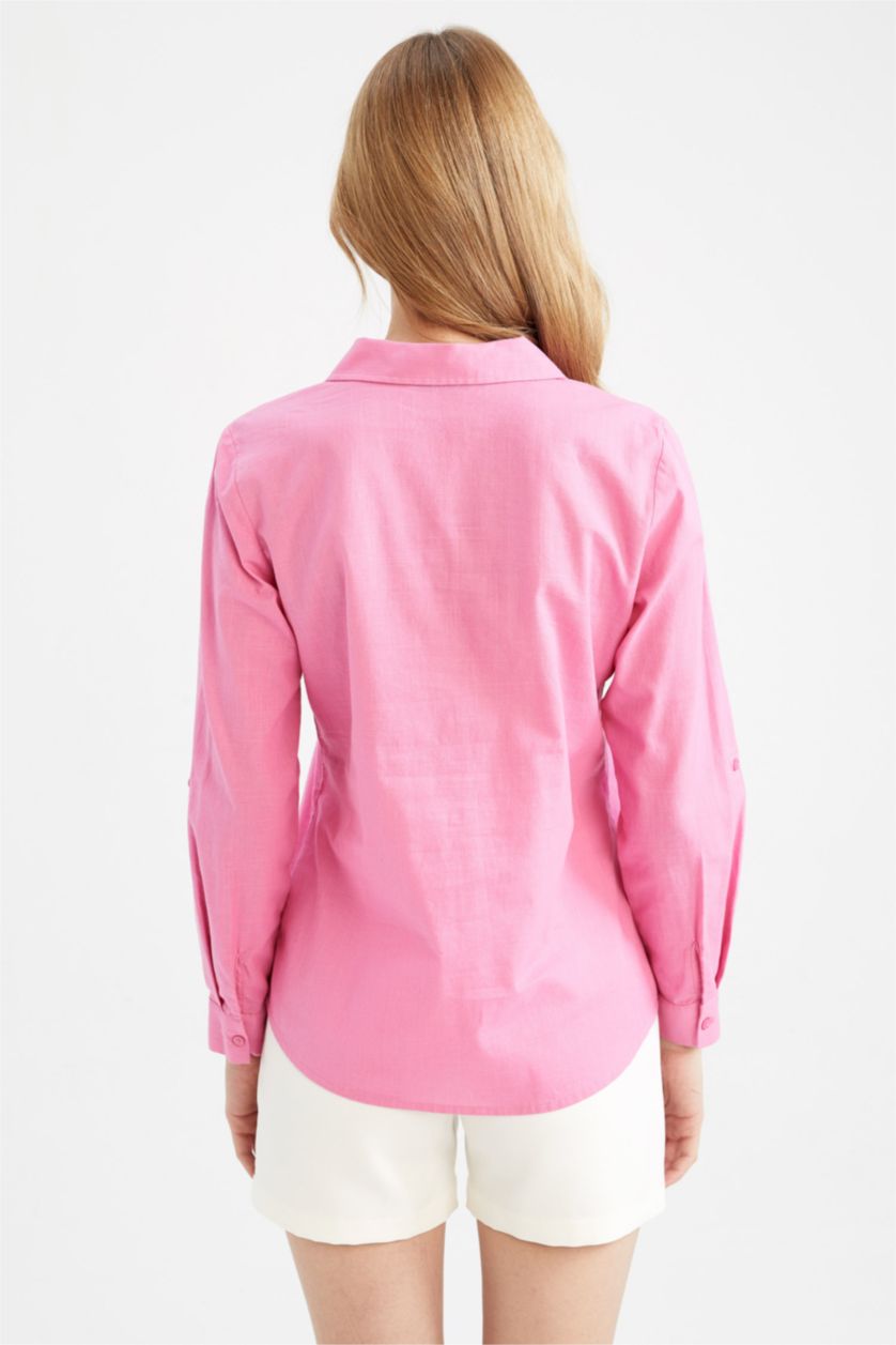 WOMAN Pink Women Regular Fit V Neck Linen Long Sleeve Shirt