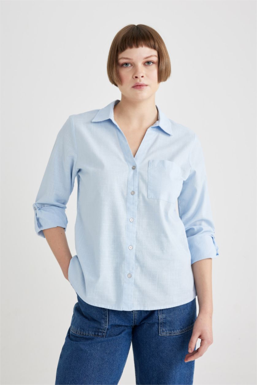 FEMME BLEU Clair Chemise Coupe Régulière à Col V Manches Longues