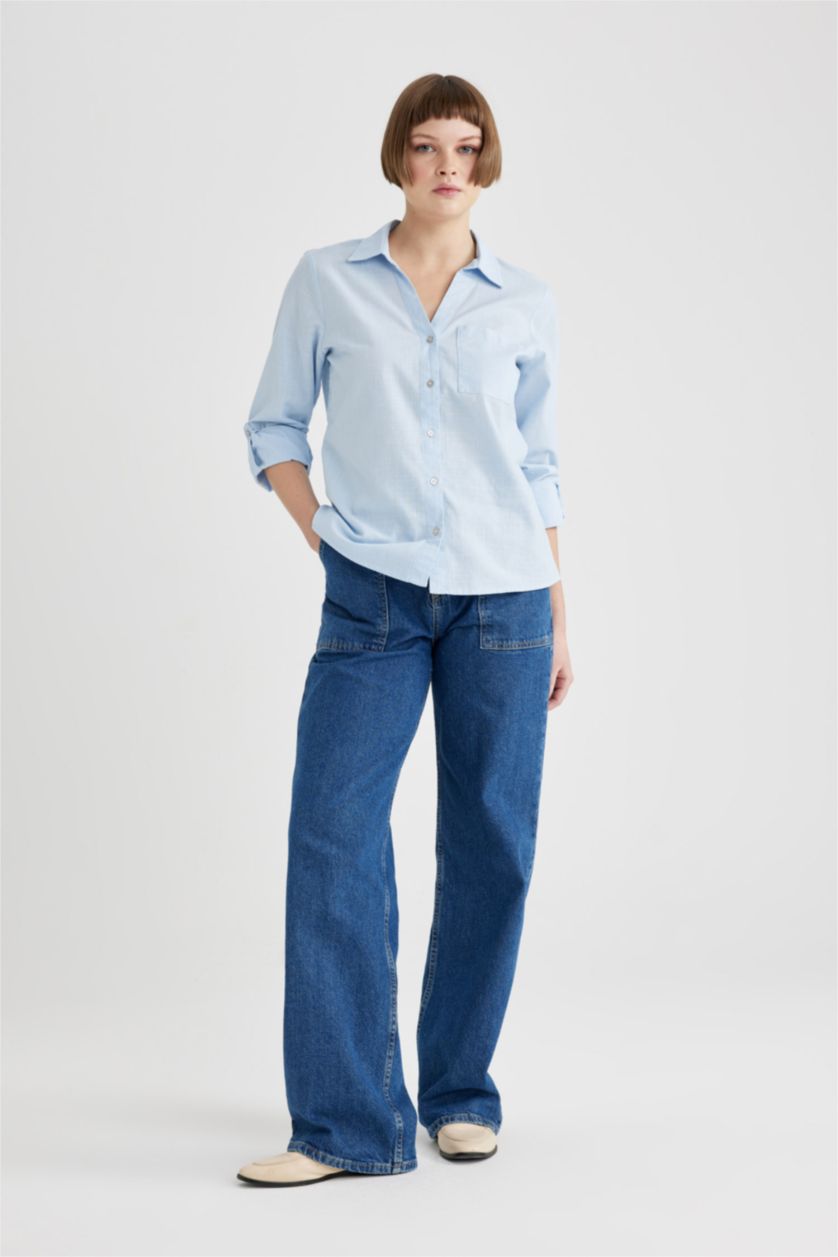 FEMME BLEU Clair Chemise Coupe Régulière à Col V Manches Longues