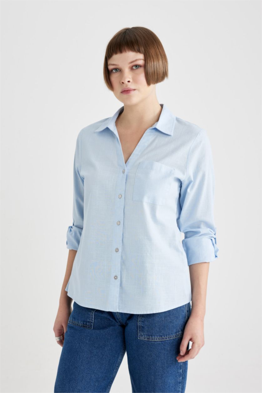 FEMME BLEU Clair Chemise Coupe Régulière à Col V Manches Longues