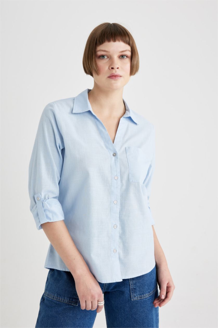 FEMME BLEU Clair Chemise Coupe Régulière à Col V Manches Longues