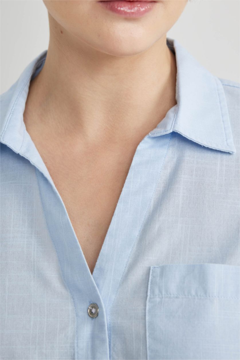 FEMME BLEU Clair Chemise Coupe Régulière à Col V Manches Longues