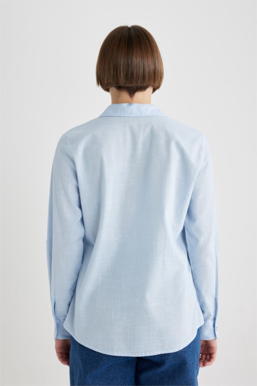 FEMME BLEU Clair Chemise Coupe Régulière à Col V Manches Longues