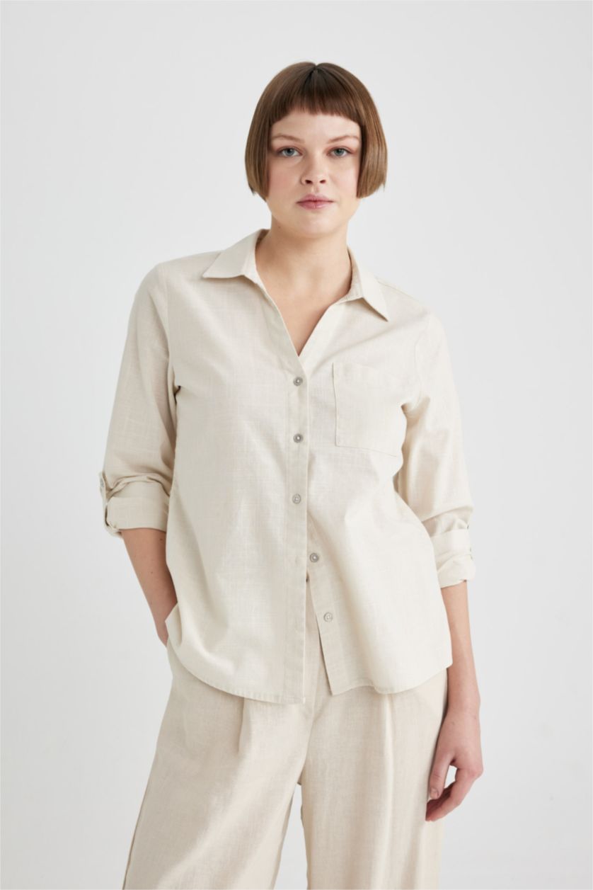 FEMME Beige Chemise Coupe Régulière à Col V Manches Longues