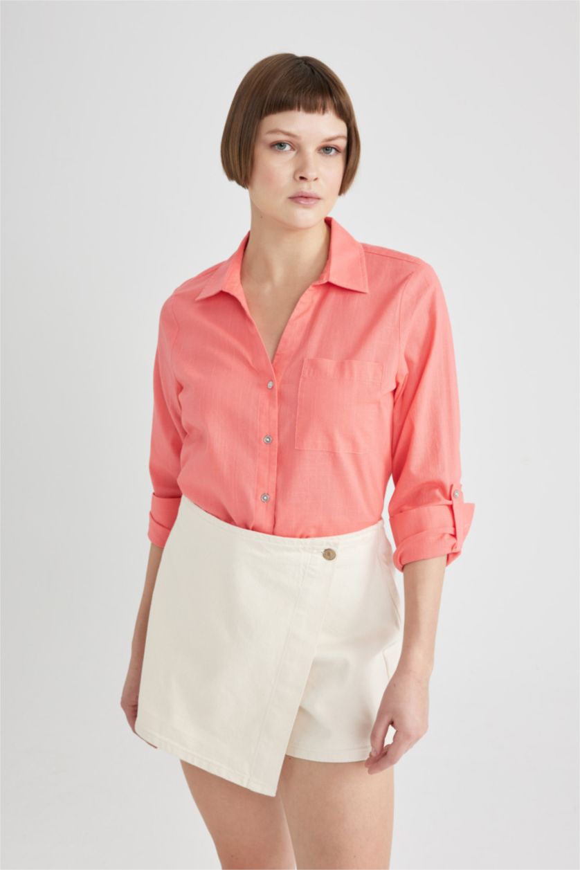 FEMME Rouge Chemise Coupe Régulière à Col V Manches Longues