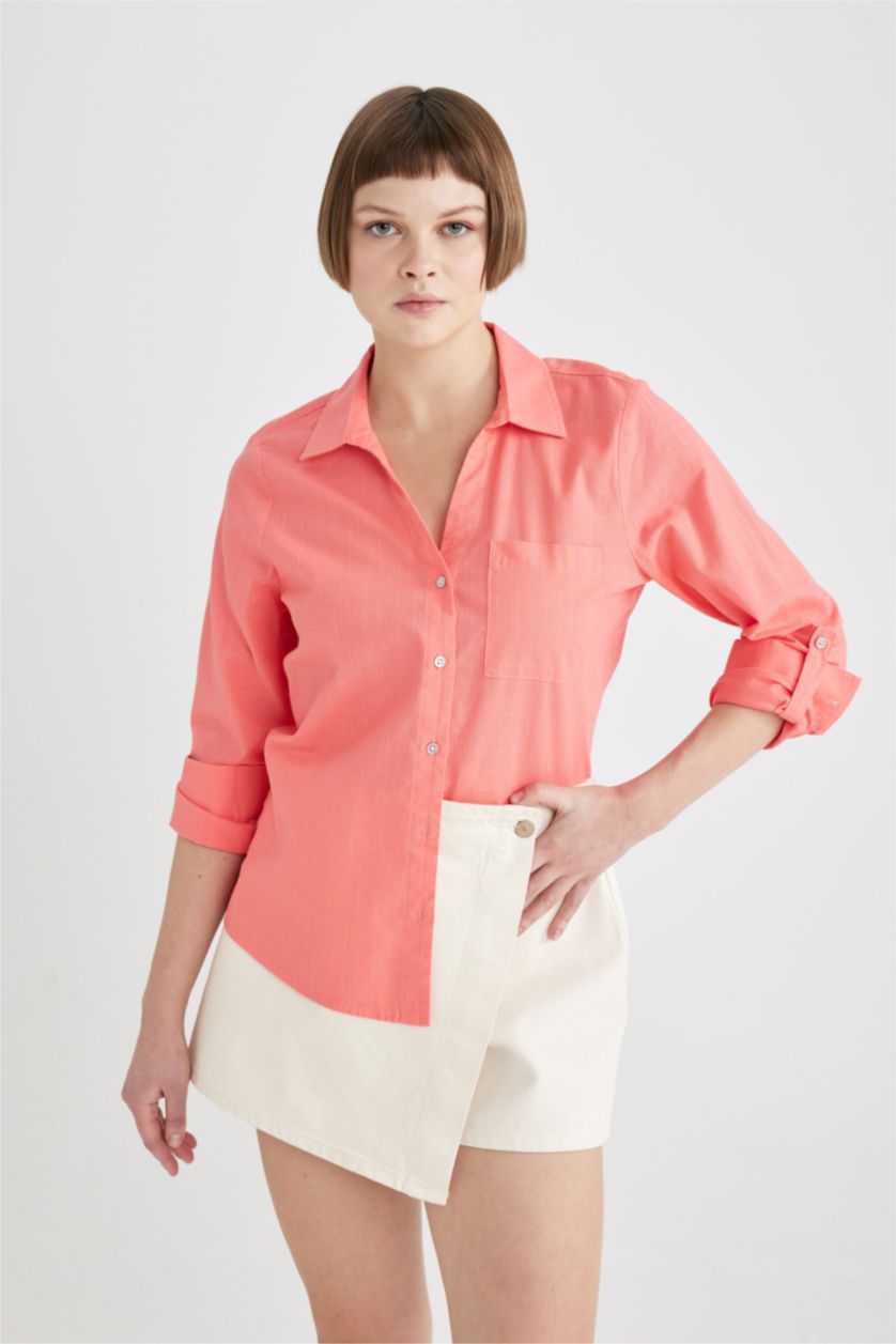 FEMME Rouge Chemise Coupe Régulière à Col V Manches Longues