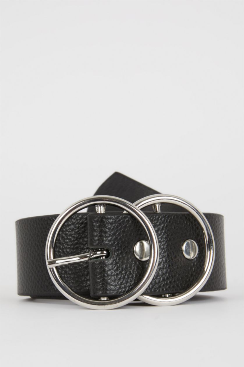 Women Black Women Oval Buckle Faux Leather Jean Belt