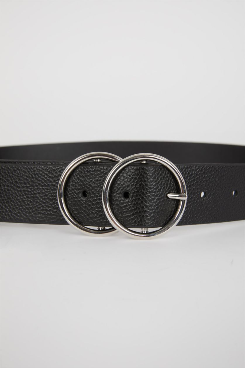 Women Black Women Oval Buckle Faux Leather Jean Belt