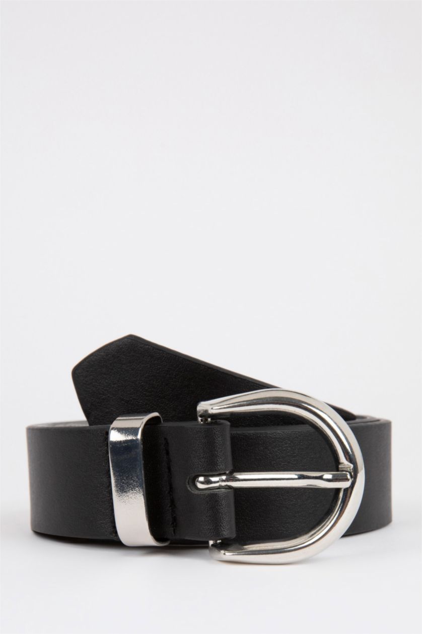 Woman Black Women's Oval Buckle Faux Leather Denim Belt