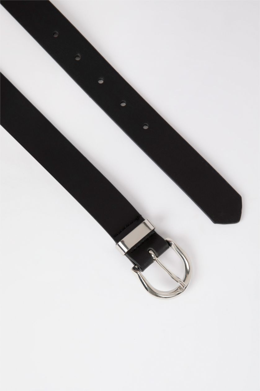 Woman Black Women's Oval Buckle Faux Leather Denim Belt