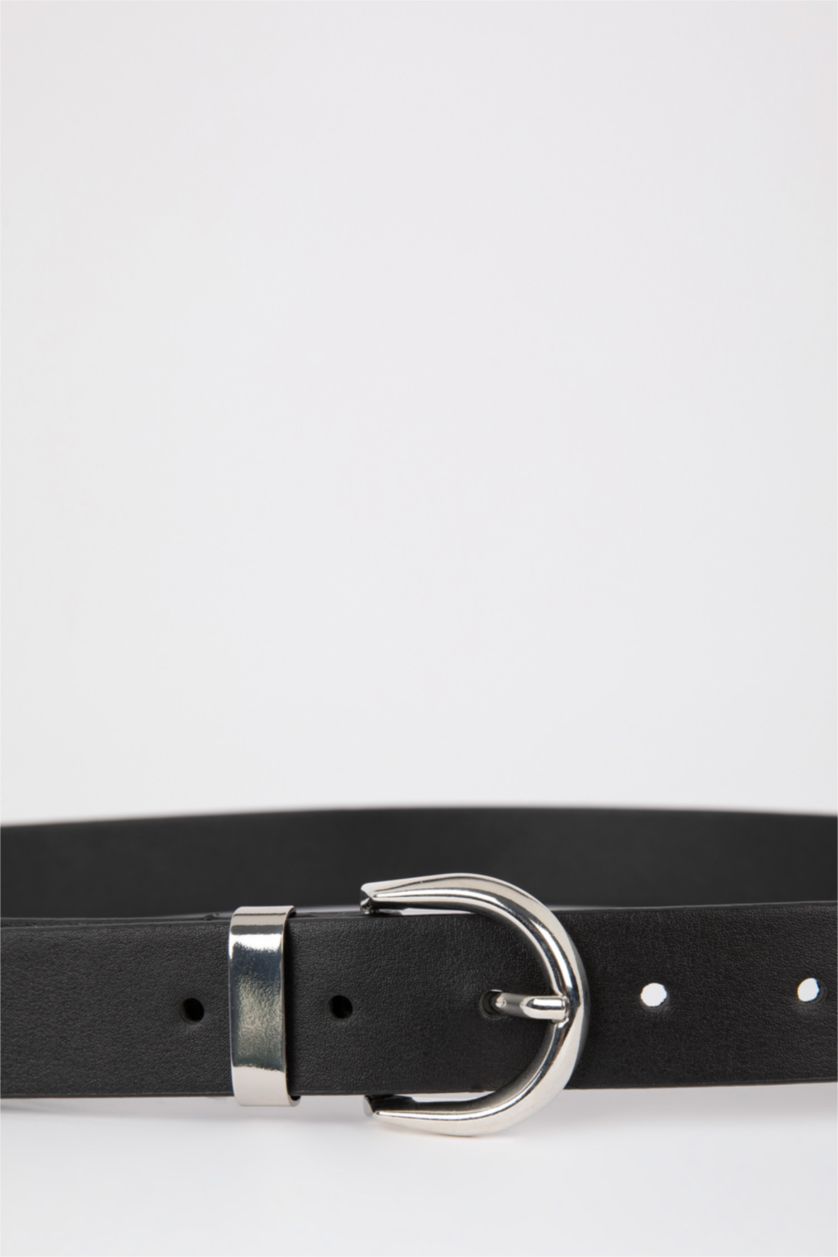 Woman Black Women's Oval Buckle Faux Leather Denim Belt