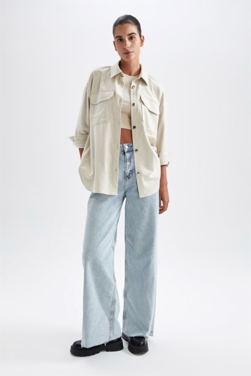 نساء حجري فاتح قميص ردن طويل فلانيل بياقة قميص