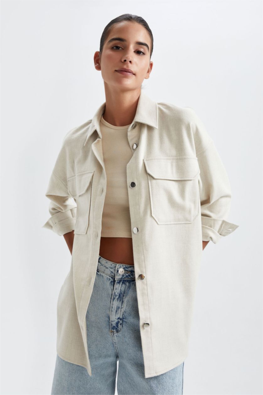 نساء حجري فاتح قميص ردن طويل فلانيل بياقة قميص