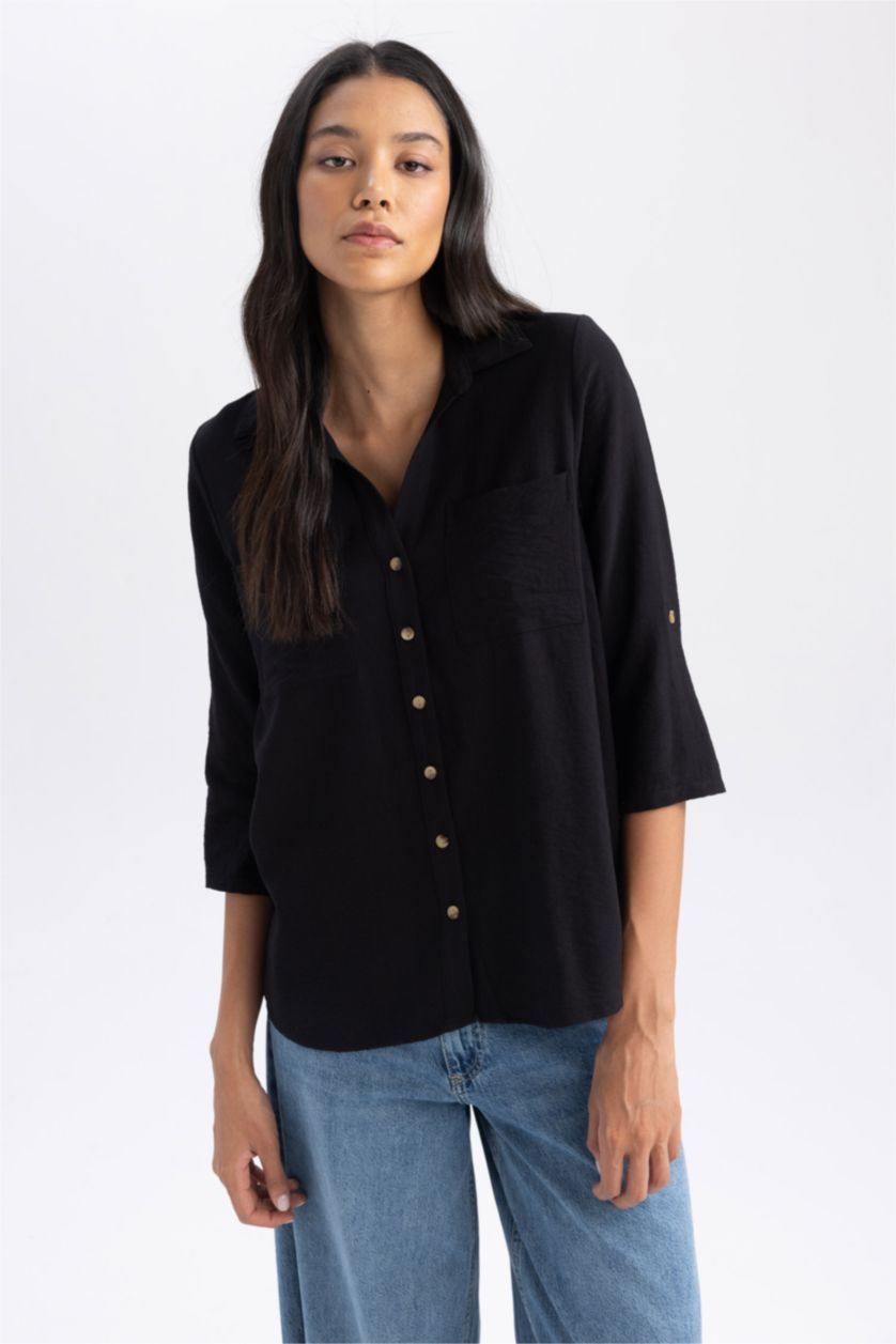 حريمي أسود قميص كم طويل قصة عادية