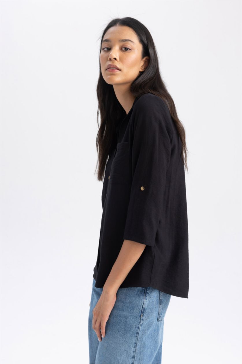 حريمي أسود قميص كم طويل قصة عادية