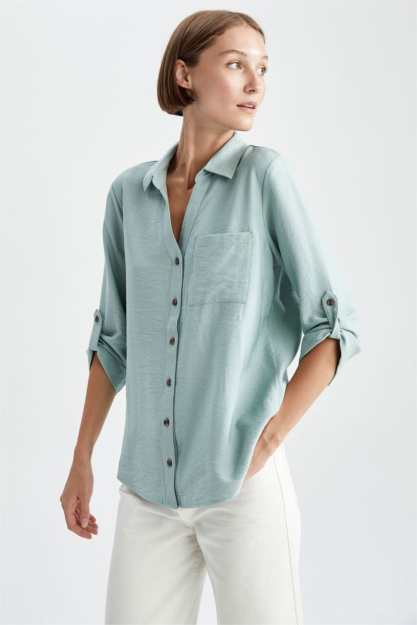 FEMME Vert Foncé Chemise À Manches Longues Et Col Chemise Coupe Classique