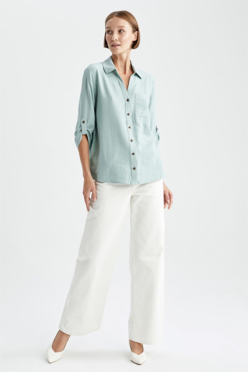 FEMME Vert Foncé Chemise À Manches Longues Et Col Chemise Coupe Classique