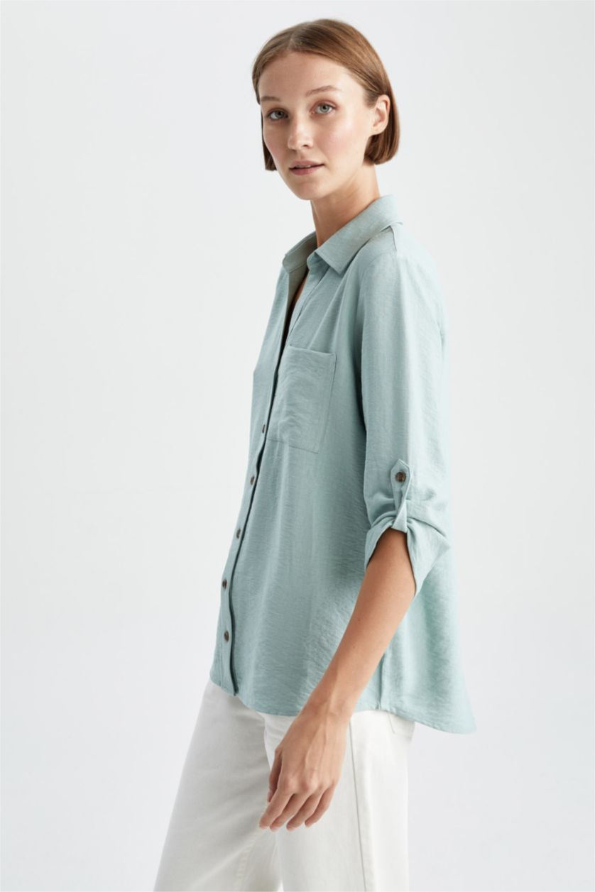 FEMME Vert Foncé Chemise À Manches Longues Et Col Chemise Coupe Classique