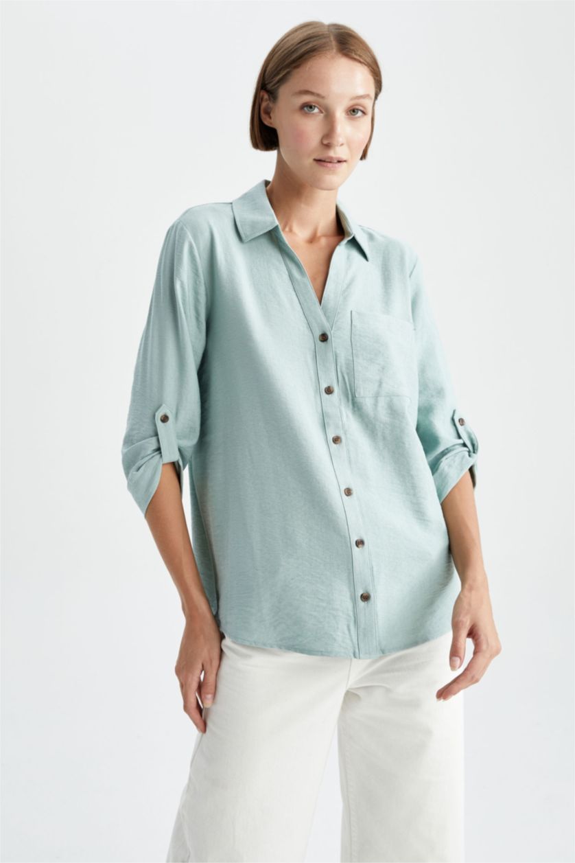 FEMME Vert Foncé Chemise À Manches Longues Et Col Chemise Coupe Classique