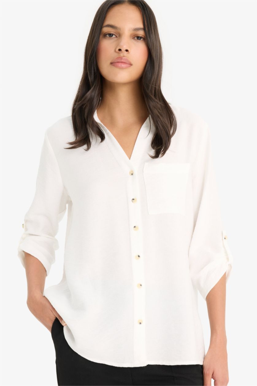 نساء أبيض Regular Fit Shirt Collar Long Sleeve Shirt