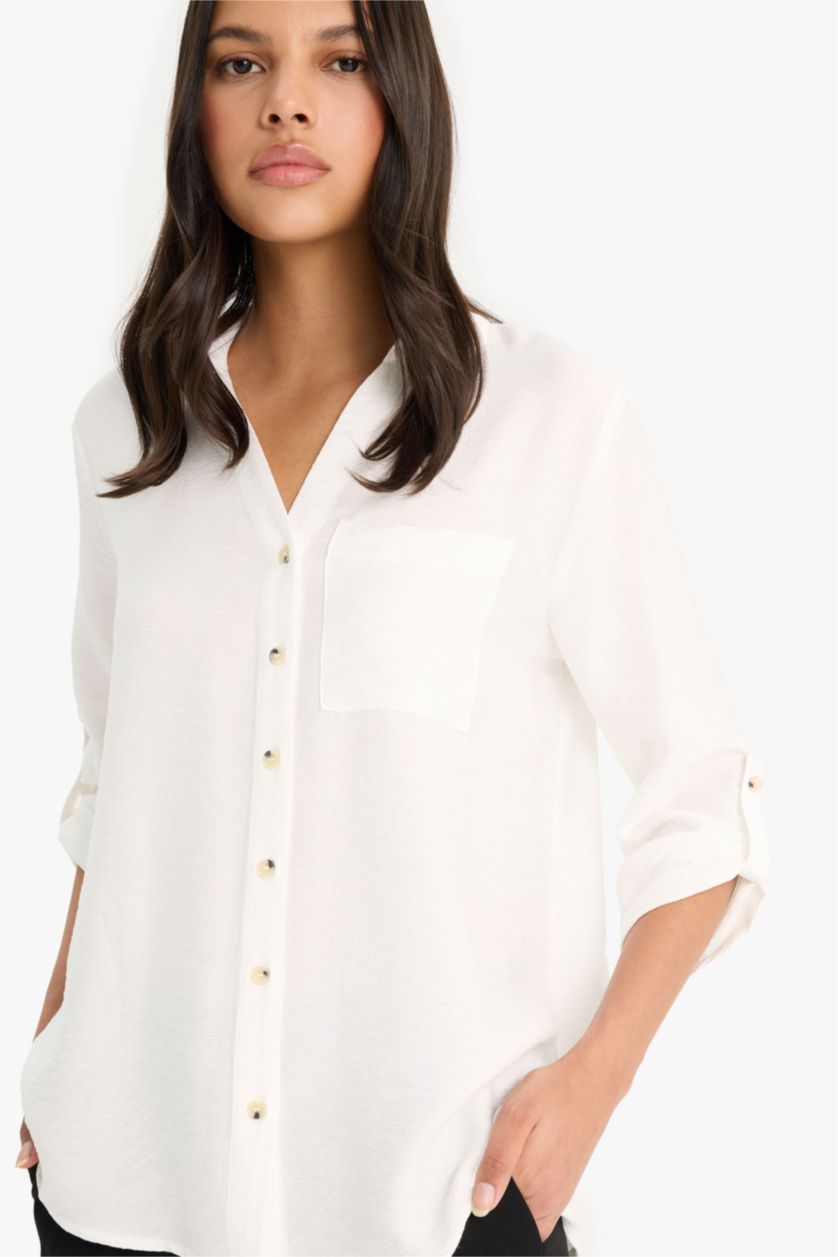 نساء أبيض Regular Fit Shirt Collar Long Sleeve Shirt